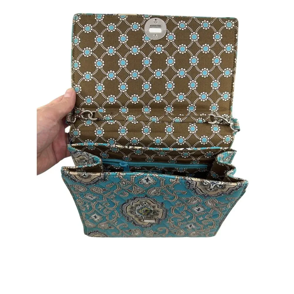Vera Bradley Julia Turn Lock Satchel Crossbody Turquoise Brown Medallion